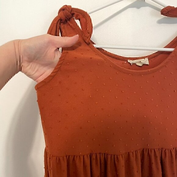 SEE YOU MONDAY Burnt Orange Swiss Dot Tie Shoulder Strap Mini Fit & Flare Dress - Picture 5 of 12